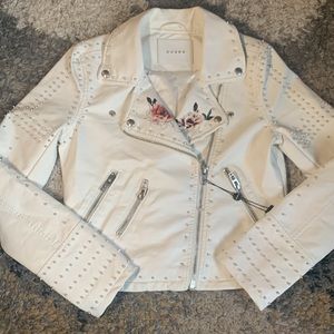 Blank NYC White Faux Leather Moto Jacket Studs and Flowers Sz XS